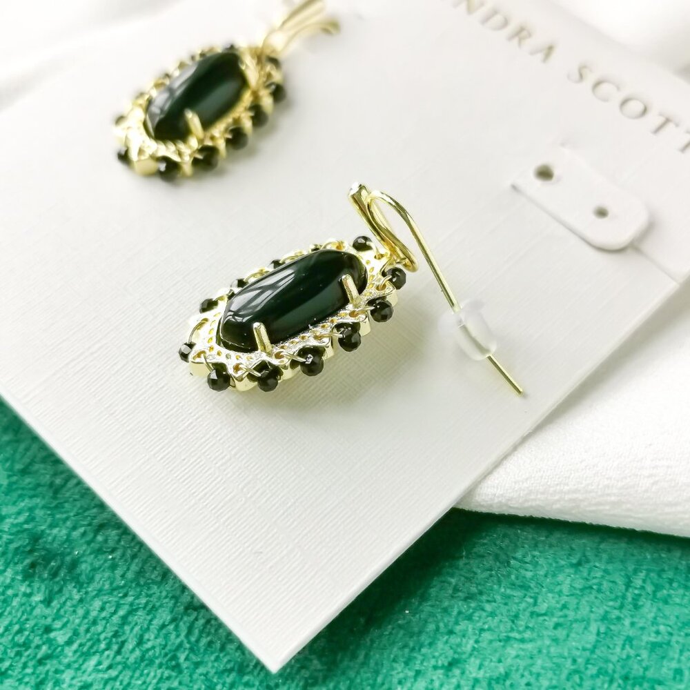 Kendra Scott Gold Drop Earrings - Beaded Lee Black Obsidian $58 New - Picture 3 of 3